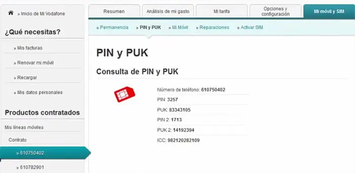 recuperar pin sim vodafone