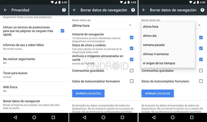 borrar datos de navegacion en chrome