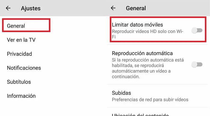 limitar datos en youtube para android