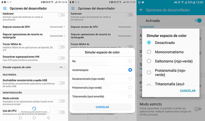 pantalla grises opciones desarrollador
