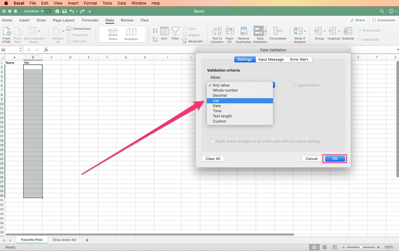 Listas desplegables de Excel en Mac Pasos para crear una lista desplegable en Excel en Mac