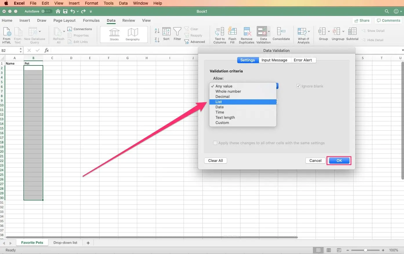 Pasos para crear una lista desplegable en Excel en Mac
